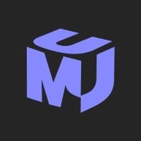 Blue and purple 3D cube logo with MJ letters on dark background