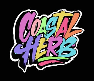 Colorful graffiti-style text spelling Coastal Herb in bright pink, yellow, blue, and green letters on black background